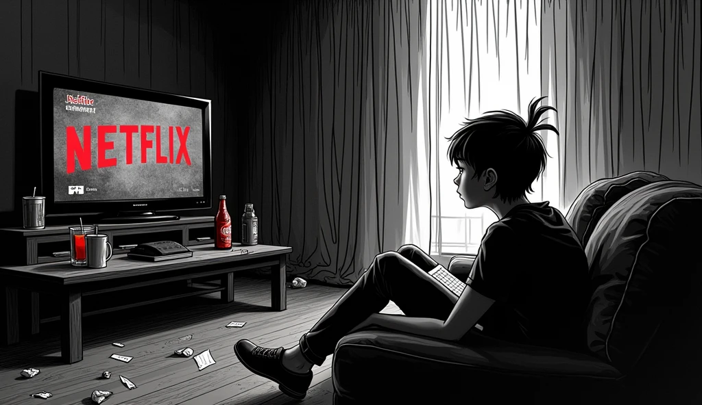 Create a black and white manga style image with colored highlight point on the image, In this image I need to portray a dramatic scene of someone lazy, procratinando, a tv with nwtflix and a table with drinks in the background.