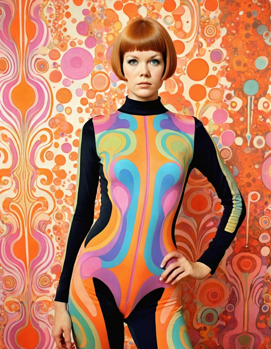 jugendstil 1960's psychedelic epic full body bodysuit shorthair portrait by John Pitre and Marimekko