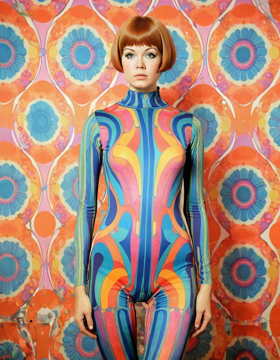 jugendstil 1960's psychedelic epic full body bodysuit shorthair portrait by John Pitre and Marimekko
