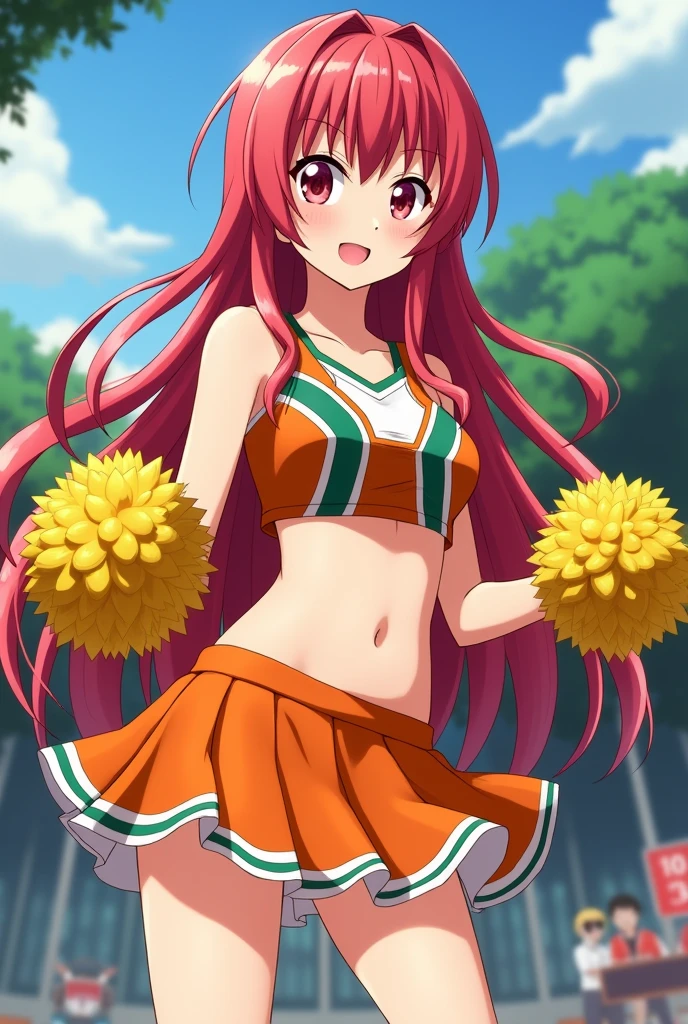 Create a female character from my hero academia Dressed as a cheerleader Orange uniform with green and a white line on the chest A short skirt and a short shirt Yellow pompoms in her hands Making a pose With long cherry red hair Big eyes Full body