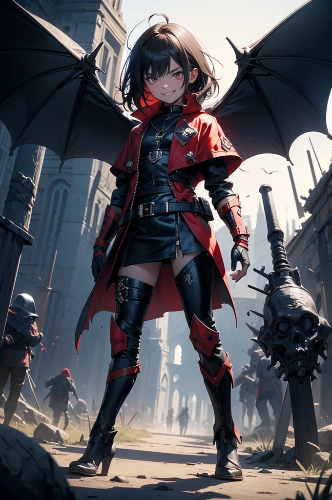 uhd, textured skin, good quality, High details, ​masterpiece, best quality, (Amazingly absurd:1.2), (​masterpiece:1.2), full body, battlefield, Evil smirking Little Vampire child on the battlefield, epic, standing on corpses, facing side