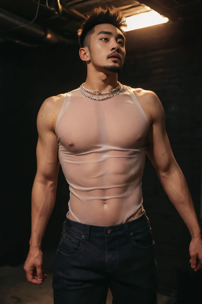 Body Su 1t, photore (Korean male) wearing micro bodysuit, huge muscle，See-through, Underground nightclub, Dancing, Facial hair, Realistic, Masterpiece, Intricate details, Detailed background, Depth of field,（（（The crotch is raised））） , extra short hair
