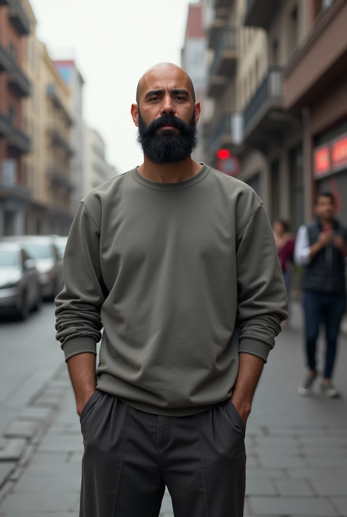 Victor Eugenio Mardones Castro 3 bald with mustache and black beard wearing a sweatshirt and wide pants on the street in Santiago de Chile 