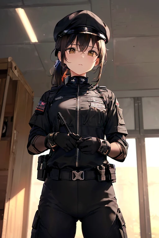 (((masterpiece; Highest quality: 1.2))), (Detailed drawn eyes: 1.3), (2. Women), (alone), (Iris: 1.4), (body; Toned Up, fit, soldier: 1.3), (Silky brown hair + ponytail: 1.3), (Beautiful and vivid background: 1.2), ((Depth of written boundary)), (Device: Special Forces Full Black Tactical Combat Ready Gear + Kevlar Waist + black tactical shirt + Black Tactical Pants + Black gloves + Black baseball cap + Pouch: 1.3), (Anime illustration: 1.2), (Background Composition; military base office: 1.1), (Very nice and beautiful: 1.1), (Shot Composition; Are standing + 胴bodyを中心に + close: 1.5), (Performance; Calm, stoic: 1.2)、(Confused eyes)、Slanted Eyes