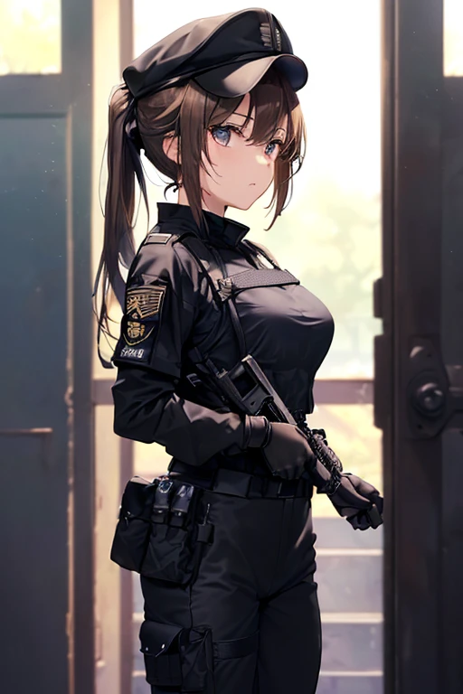 (((masterpiece; Highest quality: 1.2))), (Detailed drawn eyes: 1.3), (2. Women), (alone), (Iris: 1.4), (body; Toned Up, fit, soldier: 1.3), (Silky brown hair + ponytail: 1.3), (Beautiful and vivid background: 1.2), ((Depth of written boundary)), (Device: Special Forces Full Black Tactical Combat Ready Gear + Kevlar Waist + black tactical shirt + Black Tactical Pants + Black gloves + Black baseball cap + Pouch: 1.3), (Anime illustration: 1.2), (Background Composition; military base office: 1.1), (Very nice and beautiful: 1.1), (Shot Composition; Are standing + 胴bodyを中心に + close: 1.5), (Performance; Calm, stoic: 1.2)、(Confused eyes)、Slanted Eyes