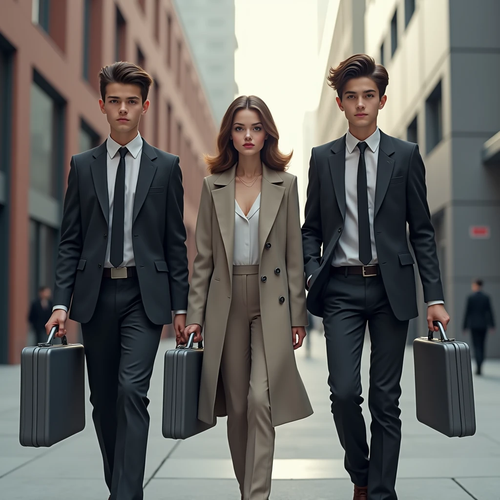 3 teenagers dressed as spies with three gray briefcases and no weapons. Two boys and a girl. Dans une ville propre 