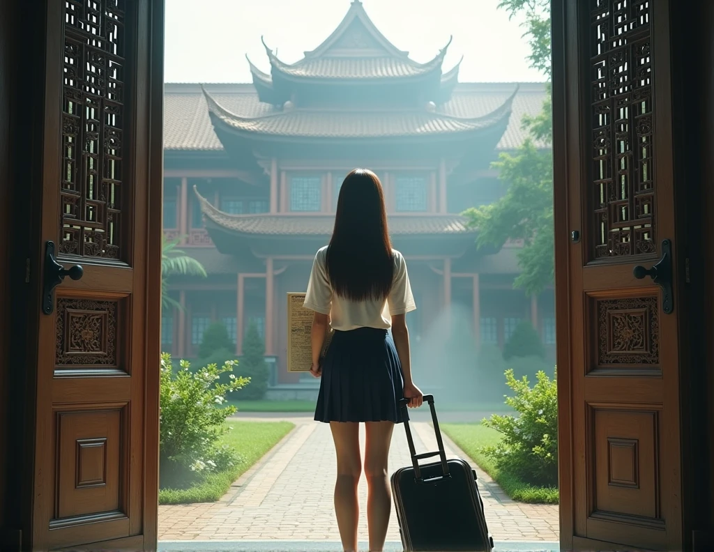 Nara, a young woman in her late teens, arrives at Mae Fah Luang University, standing at the entrance of Dormitory 7. The building is a mix of traditional Thai architecture with intricate wooden carvings and modern features. Lush greenery surrounds the area, and mist rolls over the campus, giving it a slightly eerie feel. Nara looks up at the dormitory with a mixture of excitement and apprehension, her suitcase beside her and a map of the campus in hand. Nara wearing thai university uniform, with straight deep brown hair with bang.