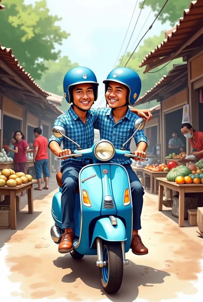 (best quality, masterpiece, watercoloor style), (Two men, caricature, riding a blue vespa motorbike, wearing a blue helmet, ride tandem, wearing a blue checkered shirt,), (in the middle of a traditional market in Indonesia,)