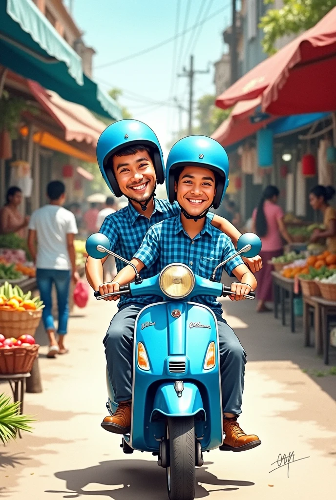 (best quality, masterpiece, watercoloor style), (Two men, caricature, riding a blue vespa motorbike, wearing a blue helmet, ride tandem, wearing a blue checkered shirt,), (in the middle of a traditional market in Indonesia,)
