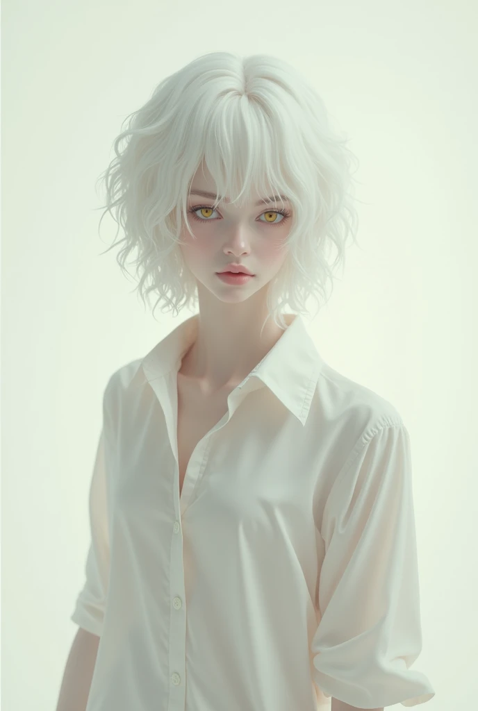 off , white hair, slightly yellow eyes, white blouse in light fabrics, masculine face