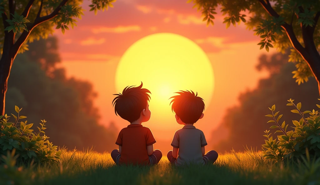 Timmy and Max sitting together on the grass, watching the sunset. The backyard is peaceful and bathed in warm colors.