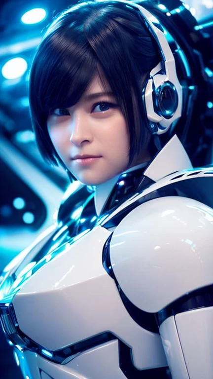 Wide-angle shot, 1 female, Mecha, Glowing blue-black eyes, Very cute face, (Realistic:1.37), バイオMechaニカル, Spaceship interior bokeh background, Ultra-realistic, Very detailed, Very intricate details, Beautiful woman in focus、Looking at the front-facing camera、