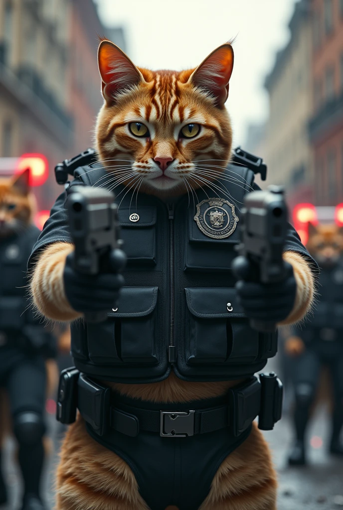 Cat wearing police vest and holding two guns and aiming to cameras in background of cat the cat army and police cars parked don't change the cats position realistic hyper detailed cinematic full hd 4k quality 