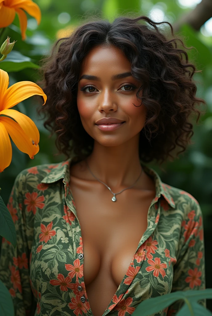 A Brazilian woman in a lush tropical garden, wearing an open shirt with a floral print, with a close-up capturing the harmonious beauty between her breasts and the natural flowers, showing off your natural charm and outgoing personality.