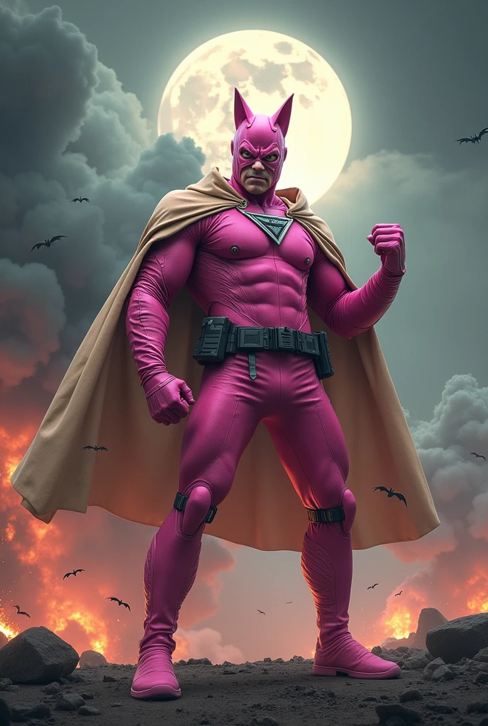 Malaysia man in high-tech suit, vivid effects, malaysian superhero (KELUANG MAN)open mouth . Anger face. in a striking pink and beige costume cyberpunk design, mask small mini bat ear beige, daredevil beige mask, jumpsuit dark pink stands confidently in a dramatic.jumping from high place.hero costume.one hand rise up. Big triangle logo on the chest.high detail Punisher logo on the chest. Fighting pose , stormy landscape. ((Head covered node guard like batman. Running pose , athletic body type, small mini ear bat mask))The character wears domino mask a helmet with pointed mini torn ears and a flowing cape biege, open nose and mouth. Equipped with visible futuristic weapons on a belt,bullet proof jacket pink dark day.show fingers pose, dark night, big supermoon effect . Small logo on chest triangle shape small punisher logo center triangle cyber logo center on chest pink logo mini logo . rocky. Building top.smoke ground , bomb effect background, losse pants, losses costume.adding to --ar 3:4 --style raw --stylize 500 --v 6.1. chaos. Lot of small flying bat. One leg on the high stone. Man . Real man age 40 year old. One hand holding belt.one hand holding black rope hanging on building