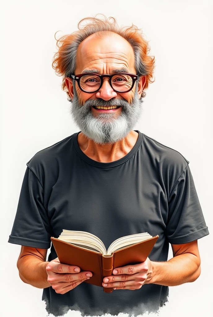 create a watercolor drawing of a smiling red-haired, bearded elderly man holding a psychoanalysis book in his hand. he is wearing a black t-shirt, he has short hair and is half bald, medium beard, grayish red color, using prescription glasses. square and oval face at the same time