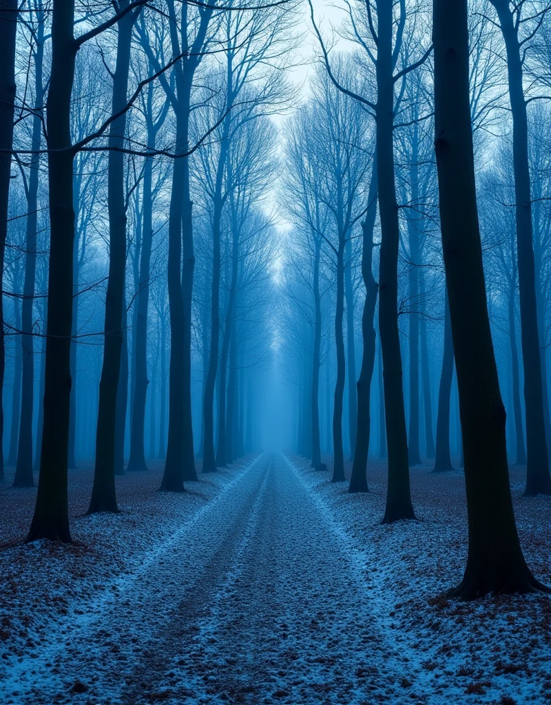  forest with blue painted old trees  in Poland captured using a Leica camera with a 50mm lens at an aperture of f/2.0.”