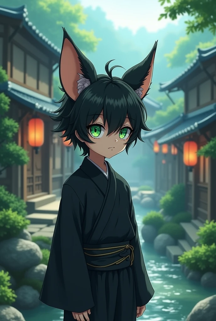 anime, human boy, small stature, black fur, bat ears,dark clothes green eyes, village fund