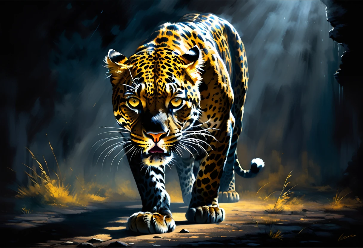 "Imagine a vivid ultra-high definition (8K) scene of a black leopard in a dark, ominous setting. The leopard's body is muscular and sleek, blending seamlessly into the night as it stalks its prey. The only visible features are its glowing yellow eyes that seem to pierce the darkness.

The atmosphere is oppressive, with the faint moonlight casting eerie shadows that enhance the ominous mood. The leopard's intense and menacing gaze is fixed on its prey, and its predatory posture exudes a sense of imminent danger. The faint outlines of sharp claws add to the sense of tension and menace.

Now focus on the subtle details that bring this scene to life. Describe the delicate fur and whiskers on the leopard's face, as well as the intricate patterns and textures on its body. Make sure the the detail is so high that it feels like I am witnessing the scene in person.

Create a masterpiece that captures the essence of hyperrealism in both composition and execution. The level of realism must be so convincing that I can almost see the subtle reflections on the leopard's fur from the faint moonlight, or the way the darkness seems to ripple around its sleek, powerful body."