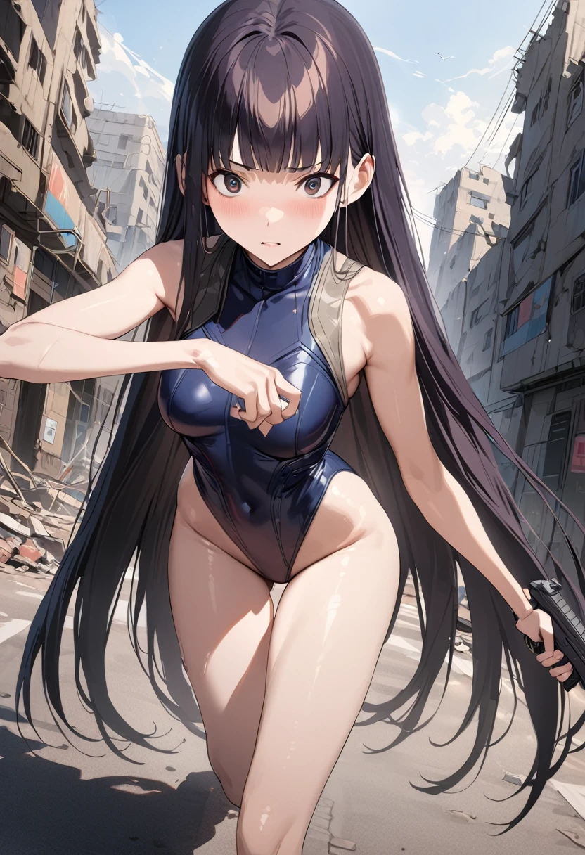 Action Scenes、((masterpiece,best quality anime,Highest quality:1.3)),realistic,cowboy shot,1woman,独奏,(30 year old beauty),((very small head:1.4)),((very long body:1.4)),(dark blue hair),straight long hair,(gorgeous big eyes),black eyes,Serious expression,((slender body:1.4,skinny)),medium breasts,dark blue turtleneck sleeveless,leotard,Tactical Vest,oily skin:1.2,gleaming skin,shiny skin, (holding handgun、Shoot a gun、Shooting stance)、Combat Boots、Dynamic Pose、on road,Ruined city、Collapsed Buildings、Cyberpunk World、