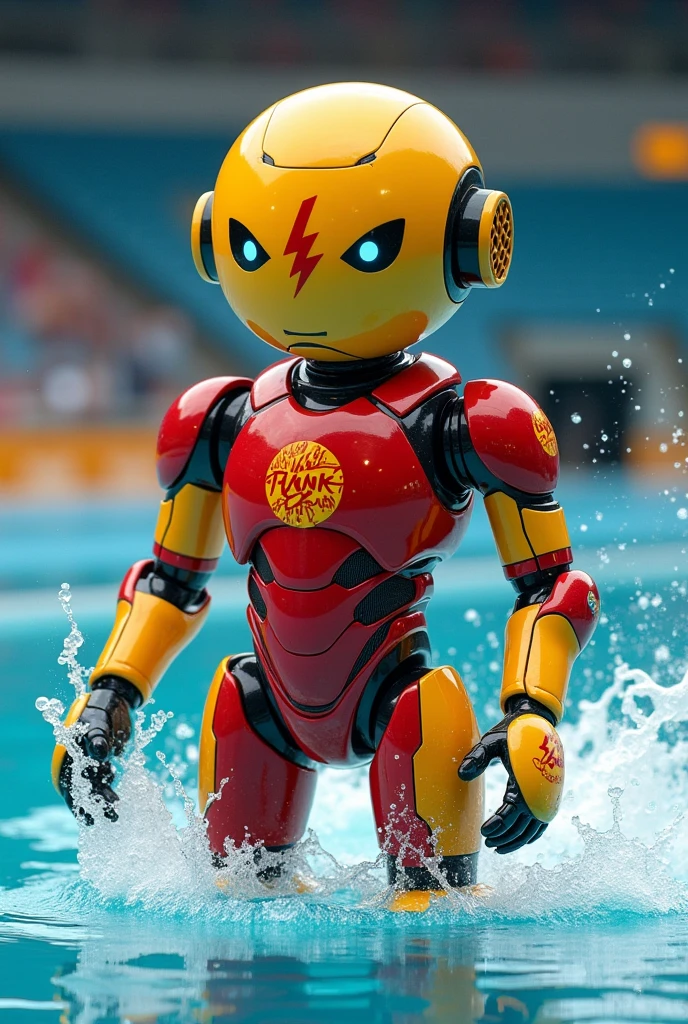 Create an Olympic mascot of a character that is swimming, It must be a robot that has the colors red and yellow and on its chest it must have the logo of a lightning bolt with the word "THANK YOU"