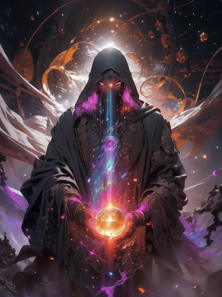 Create a highly detailed and atmospheric digital painting of a cosmic dark entity meditating in a lotus position on the surface of a barren planet. The entity has a shadowy, featureless face and a muscular humanoid body covered in dark organic tendrils that appear to flow and twist around it.. A bright red crystal is embedded in his chest, pulsating with dark energy. Above the head of the entity, A spinning purple and black cosmic vortex with a glowing mystical orb at its center radiates power, Shedding an ethereal light. The background features a vast star-filled galaxy with purple nebulas and distant cosmic phenomena., creating a sense of infinite space and power. The lighting is dark and sinister, and the main sources of light are the glowing red crystal and the mystical orb. The overall color palette is dominated by deep purples., black and touches of red, evoking a sense of cosmic mystery and power.