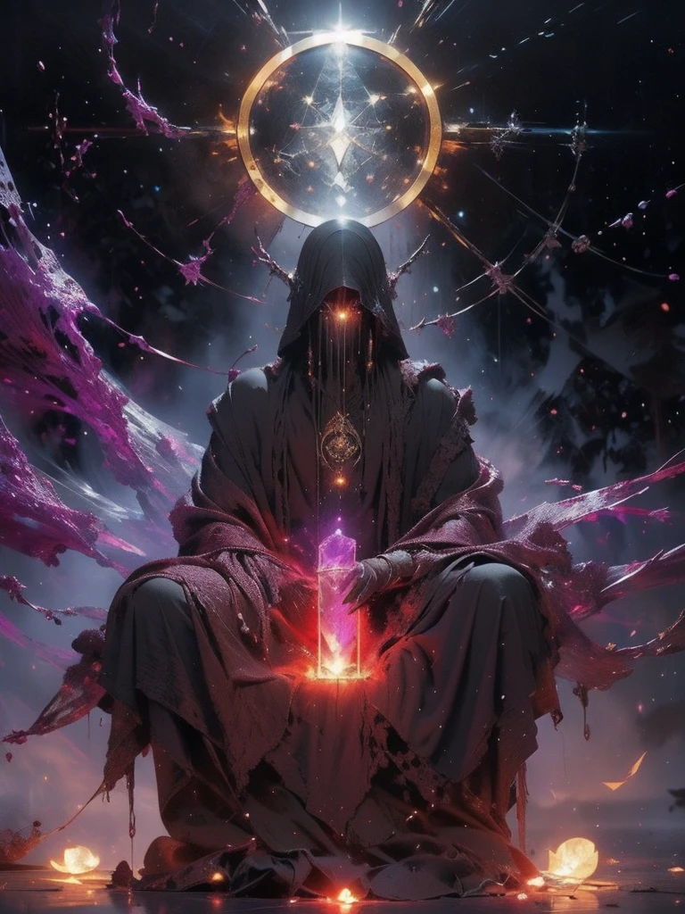 Create a highly detailed and atmospheric digital painting of a cosmic dark entity meditating in a lotus position on the surface of a barren planet. The entity has a shadowy, featureless face and a muscular humanoid body covered in dark organic tendrils that appear to flow and twist around it.. A bright red crystal is embedded in his chest, pulsating with dark energy. Above the head of the entity, A spinning purple and black cosmic vortex with a glowing mystical orb at its center radiates power, Shedding an ethereal light. The background features a vast star-filled galaxy with purple nebulas and distant cosmic phenomena., creating a sense of infinite space and power. The lighting is dark and sinister, and the main sources of light are the glowing red crystal and the mystical orb. The overall color palette is dominated by deep purples., black and touches of red, evoking a sense of cosmic mystery and power.