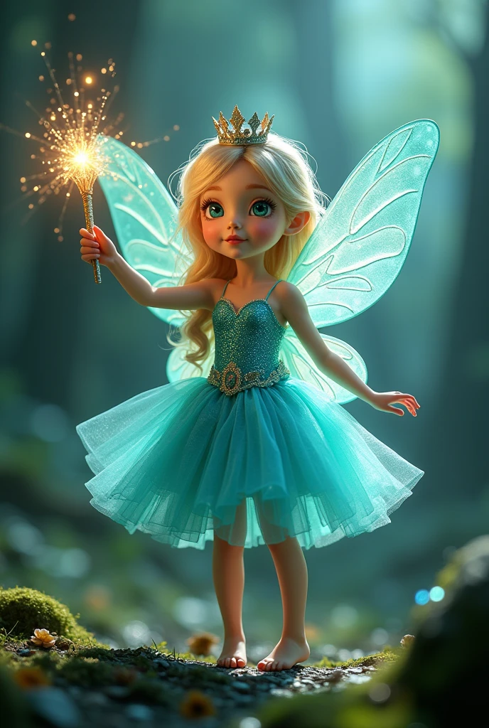 Show me a picture of a little fairy who wore princess dress in a glittery Turquoise colour with crown on her head and a magic stick in her hand and she have a glittery Turquoise colour wings and the size of her wings is one and  half of her size and she's a month old and she wore heels too