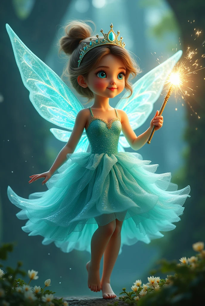 Show me a picture of a little fairy who wore princess dress in a glittery Turquoise colour with crown on her head and a magic stick in her hand and she have a glittery Turquoise colour wings and the size of her wings is one and  half of her size and she's a month old and she wore heels too