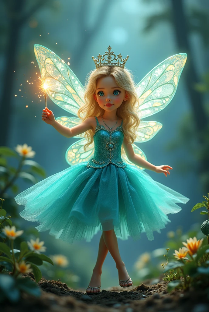 Show me a picture of a little fairy who wore princess dress in a glittery Turquoise colour with crown on her head and a magic stick in her hand and she have a glittery Turquoise colour wings and the size of her wings is one and half of her size and she's a month old and she wore heels too
