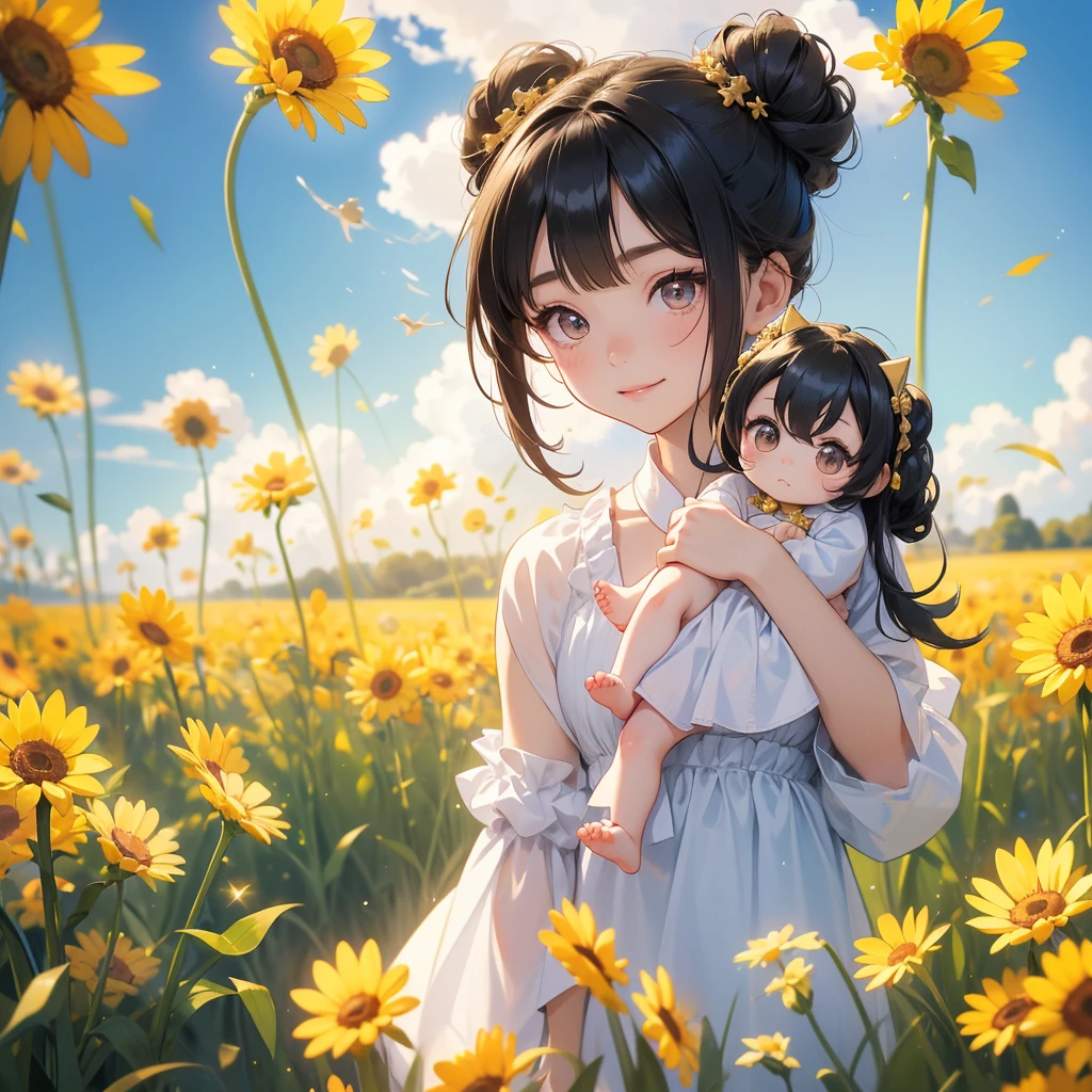A chibi child girl had a small face and wearing a little tourist priest’s outfit, a pair of big round eyes shone with curiosity about him. This child was so cute, her hair is black with buns on her hair. Small chibi , chibi baby, smiling , chibi.
Standing in the midst of a field of bright yellow gold fields, There are some floating clouds.