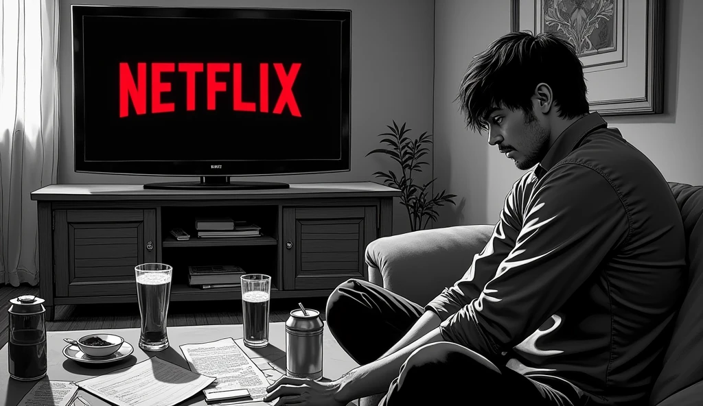 Create a black and white manga style image with colored highlight point on the image, In this image I need to portray a dramatic scene of someone lazy, procratinando, a tv with nwtflix and a table with drinks in the background.