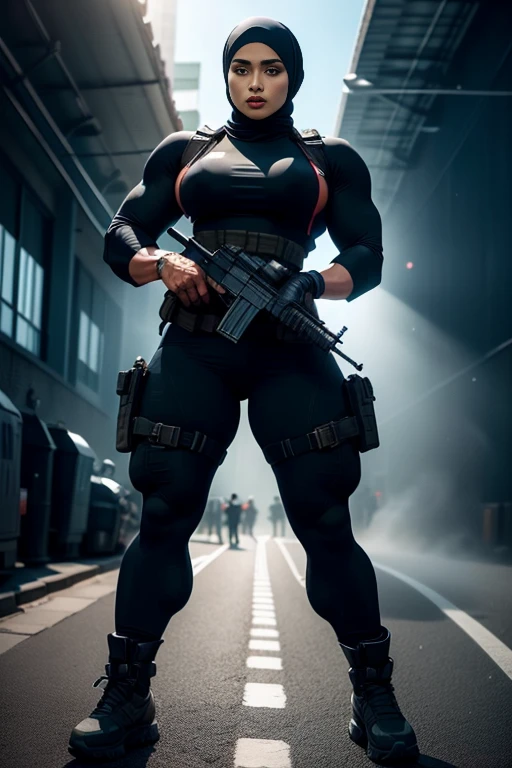 Photorealistic, high resolution, 1 malay woman in hijab, Solo, Hips up, Gaza background, flag Malaysia, view the viewer, (Detailed face), White hijab, SWAT vests, sniper rifle handle, Black military uniform, bulletproof vest, Holding an assault rifle, M16, Inside the city of Palestine, Very detailed, Perfect face, Black eye, jewelry, (full body view), Lifelike, masterpiece