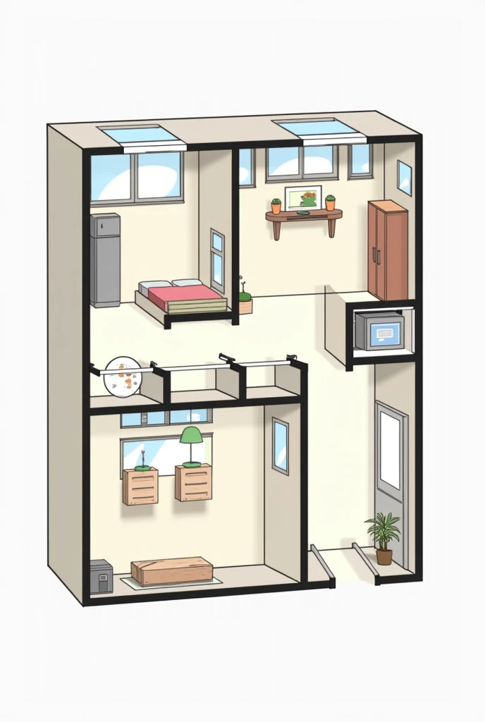 Generate a detailed floor plan for a small home. The main room is 300cm by 300cm, with a door on the right wall leading to a second 300cm by 300cm room. The main room has a window on the left wall and another on the top wall. The second room has windows on both the top and bottom walls, with a door in the top right corner leading to a bathroom area. The main room should include a TV on the right wall, a TV cabinet, a couch along the left wall under the window, a coffee table in front of the couch, a fridge in the bottom left corner, and a 100cm by 30cm kitchen cabinet along the bottom wall. In the second room, place a bed against the right wall, a wardrobe against the left wall near the door to the main room, and leave space for natural light from the windows. Please ensure the layout is functional and allows for easy flow between rooms