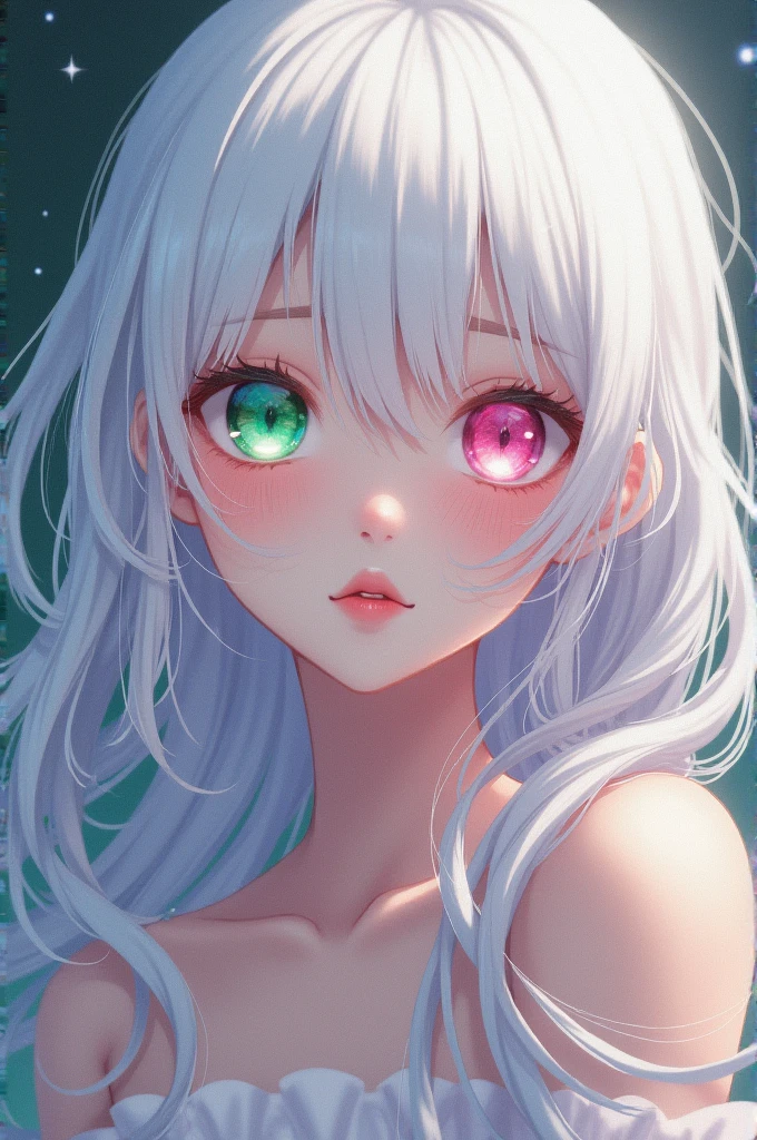 An anime girl with white long curly hair and pink and green eyes, about 