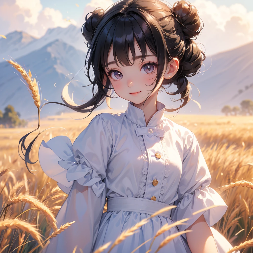 A chibi child girl had a small face and wearing a little tourist priest’s outfit, a pair of big round eyes shone with curiosity about him. This child was so cute, her hair is black with buns on her hair. Small chibi , chibi baby, smiling , chibi.
Standing in the middle of a wheat field, There are some floating clouds.