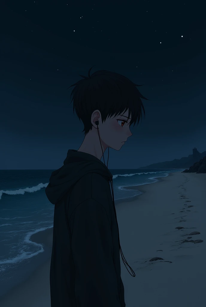 Generate aesthetic pic of a sad and smart anime boy, wearing wired earphones near beach in very dark night, for profile picture
