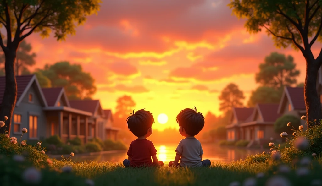 Timmy and Max sitting together on the grass, watching the sunset. The backyard is peaceful and bathed in warm colors.