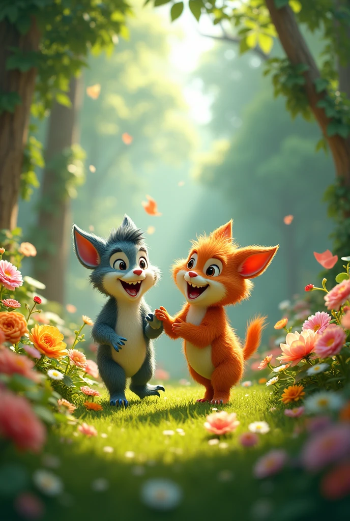 Prompt: "A vibrant, magical garden full of colorful flowers, towering trees, and lush greenery. The scene is glowing with a sense of enchantment and beauty."
Rosie’s Friends Playing in the Garden:
Prompt: "A joyful scene with Rosie and her animal friends playing together in the newly created beautiful garden. They’re laughing and having fun amidst the flowers and trees."