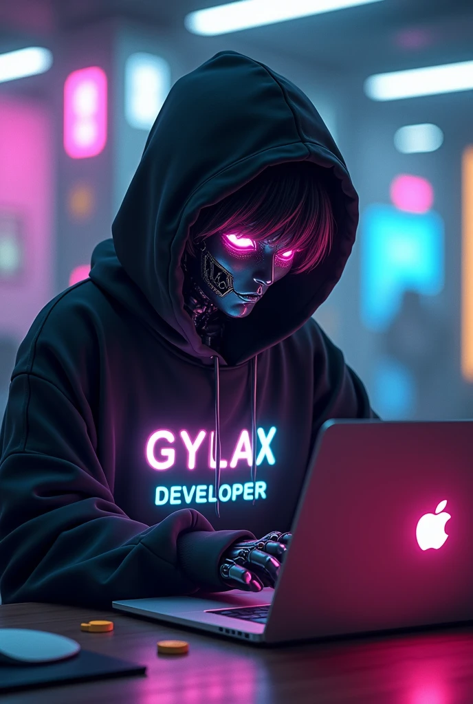 GIVE A FUTURISTIC BACKGROUND ON WHICH A ANIME SITTING DOING CODING ON A
Open LAPTOP , wearing a BLACK HOODIE WHICH HAVE A TEXT APPEAR IN NEON COLOR TEXT IS
"G Y L A X " " DEVELOPER " IN CLEAR WORDS VISIBLE TO US
IT SHOULD BE IN capital letter,,
Robot face half covered with hoodie
Not GALAXY IT IS GYLAX
ROBOT BACKGROUND WHICH IS BLUR SHOULD BE MORE ATTRACTIVE
ROBOT FACE SHOULD BE ATTRACTIVE NOT UGLY OR SCARY