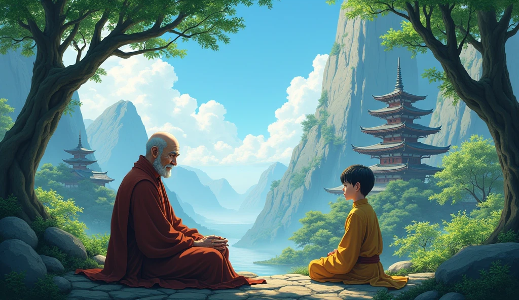 Old bald monk sensei talking to young monk desciple, sitting, beautiful scenario, trees, temples, cliff, in anime style,
