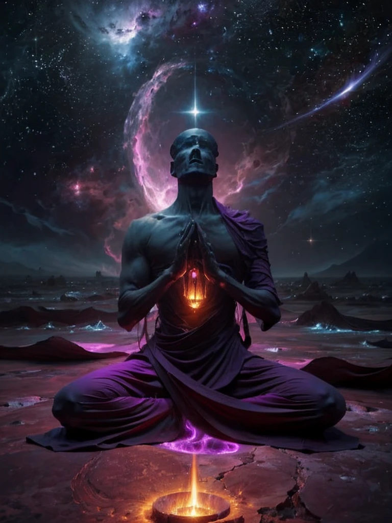 Create a highly detailed and atmospheric digital painting of a cosmic dark entity meditating in a lotus position on the surface of a barren planet. The entity has a shadowy, featureless face and a muscular humanoid body covered in dark organic tendrils that appear to flow and twist around it.. A bright red crystal is embedded in his chest, pulsating with dark energy. Above the head of the entity, A spinning purple and black cosmic vortex with a glowing mystical orb at its center radiates power, Shedding an ethereal light. The background features a vast star-filled galaxy with purple nebulas and distant cosmic phenomena., creating a sense of infinite space and power. The lighting is dark and sinister, and the main sources of light are the glowing red crystal and the mystical orb. The overall color palette is dominated by deep purples., black and touches of red, evoking a sense of cosmic mystery and power.