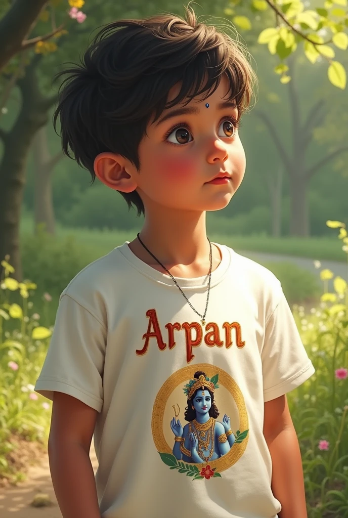 Imagine a young boy wear a white t shirt name printed (Arpan) with lord Krishna