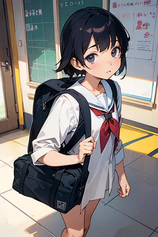 School bag naked elementary school student