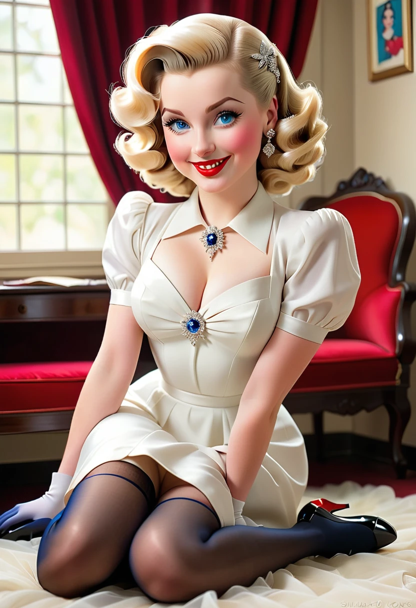 Nsfw,masterpiece, small size head, pinup, Stunning Blonde lady, pale skin, blue eyes,1940s hairstyle, stunning, smile,wearing white royal dress, black stockings ,red stilettos , she wear diamond jewels,thick calves, thick legs , big ass. She is laying on ground showing her legs.