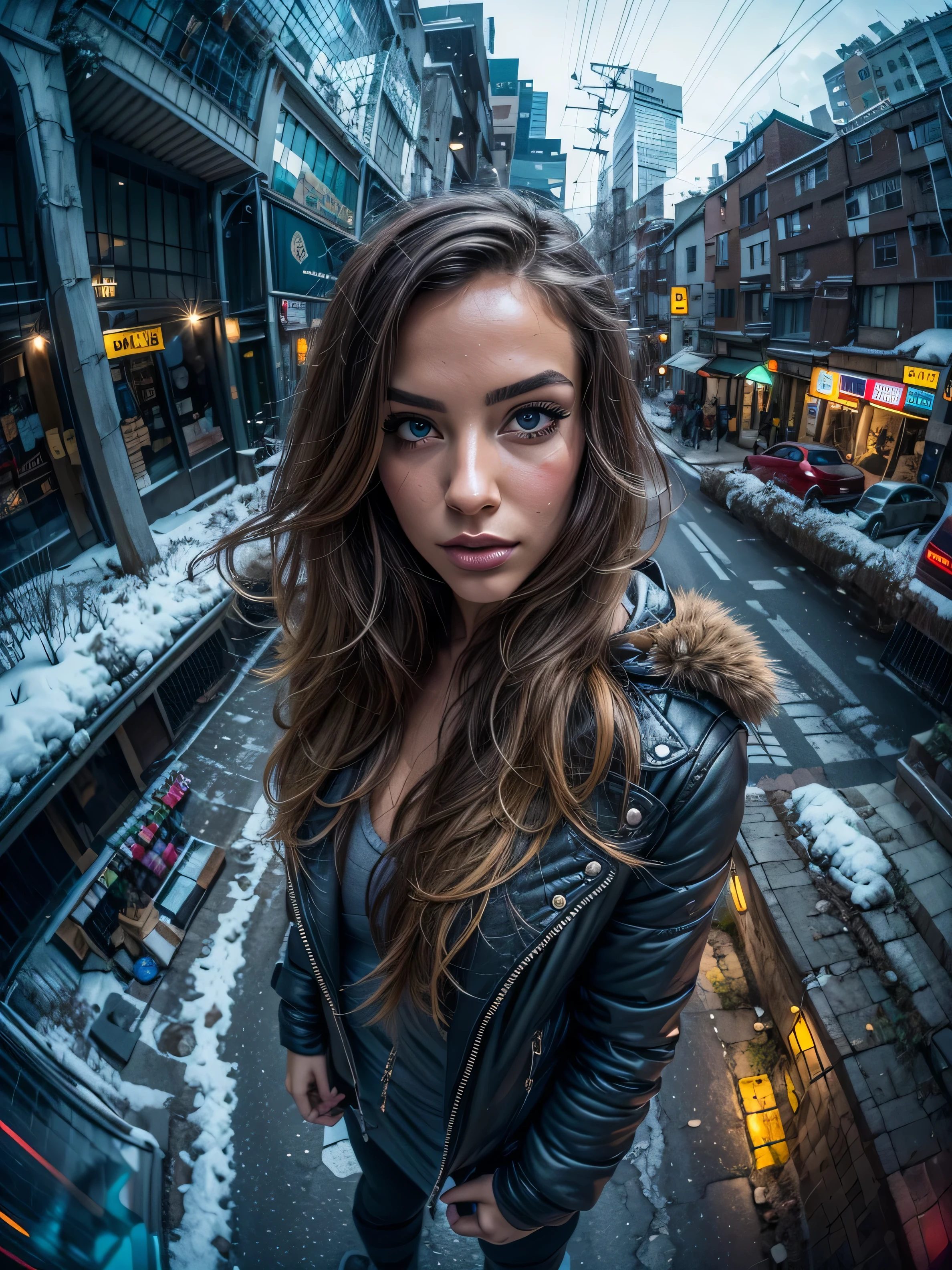 ((Fisheye)) ((high angle shot))One ultra hot gorgeous European woman. Age 23.Instagram model. RAW, beautiful woman, (extra long wavy brown hair), ((detailed face:1.2)), ((detailed facial features)), (finely detailed skin), (high detailed deep cleavage cyberpunk ((steel)) dress), cyberpunk snowy megacity environment at night, (cold colors), damp, moist, reflection masterpiece) (perfect proportion)(realistic photo)(best quality) (detailed) photographed on a Canon EOS R5, 50mm lens, F/2.8, HDR, (8k) (wallpaper) (cinematic lighting) (dramatic lighting) (sharp focus) (intricate)