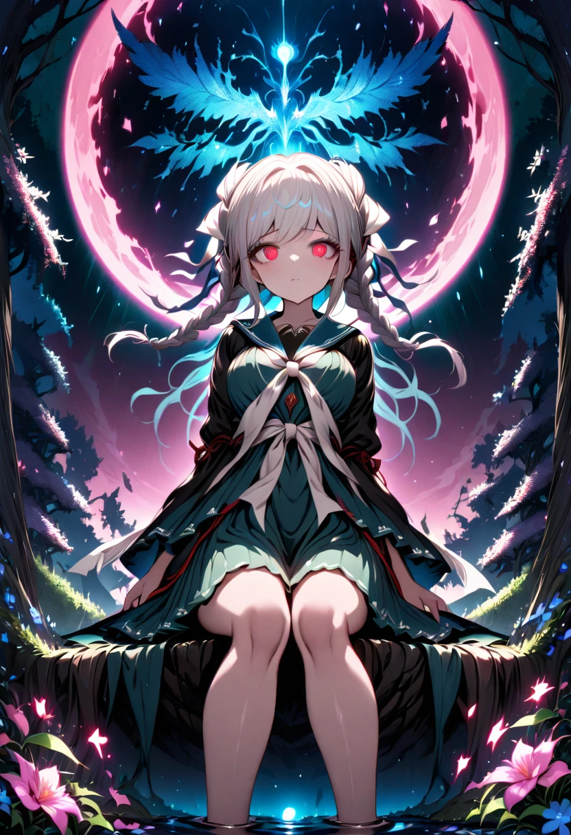 Ultra detailed, highres, absurdres, HDR, master piece, Pekoyama Peko, silver hair tied into braids, expressive red eyes, thin rectangular glasses, turquoise-black seifuku uniform, black skirt, black thighs, Danganronpa, pink flowers, petals, fireflies, pink moon, woman sitting, solo, extremely beautiful, very detailed face and eyes, best quality, fantasy, magical,