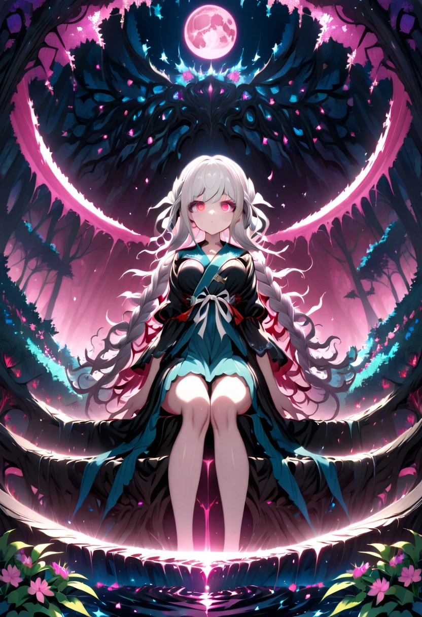 Ultra detailed, highres, absurdres, HDR, master piece, Pekoyama Peko, silver hair tied into braids, expressive red eyes, thin rectangular glasses, turquoise-black seifuku uniform, black skirt, black thighs, Danganronpa, pink flowers, petals, fireflies, pink moon, woman sitting, solo, extremely beautiful, very detailed face and eyes, best quality, fantasy, magical,