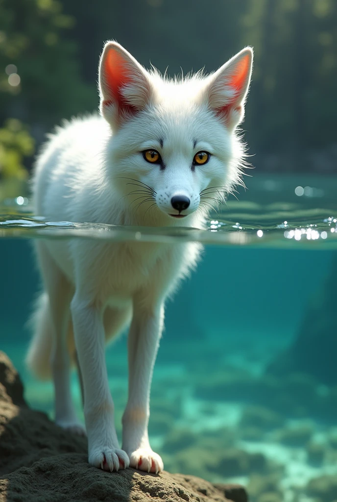 A white fox learning to dive in a lake, cute and realistic style, 1 fox, beautiful detailed eyes, beautiful detailed nose, beautiful detailed mouth, extremely detailed face and fur, wildlife, lake, clear water, underwater, diving, learning, focused expression, photorealistic, 8k, highly detailed, art by artgerm and greg rutkowski and alphonse mucha, cinematic lighting, vibrant colors, dramatic shadows