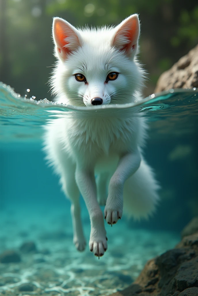 A white fox learning to dive in a lake, cute and realistic style, 1 fox, beautiful detailed eyes, beautiful detailed nose, beautiful detailed mouth, extremely detailed face and fur, wildlife, lake, clear water, underwater, diving, learning, focused expression, photorealistic, 8k, highly detailed, art by artgerm and greg rutkowski and alphonse mucha, cinematic lighting, vibrant colors, dramatic shadows